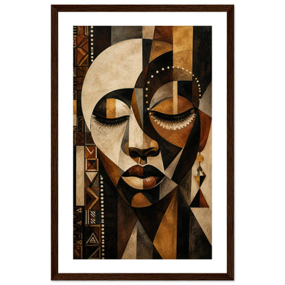 Framed wall art featuring a geometric, cubist-style portrait of a woman in warm brown, beige, black, and tan tones, shown with a white mat and dark wood frame on a light gray background.