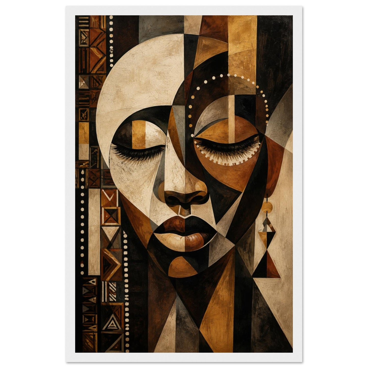 A framed abstract art print featuring a stylized geometric portrait of a woman in warm earth tones of brown, beige, black, and tan, shown against a light gray background.