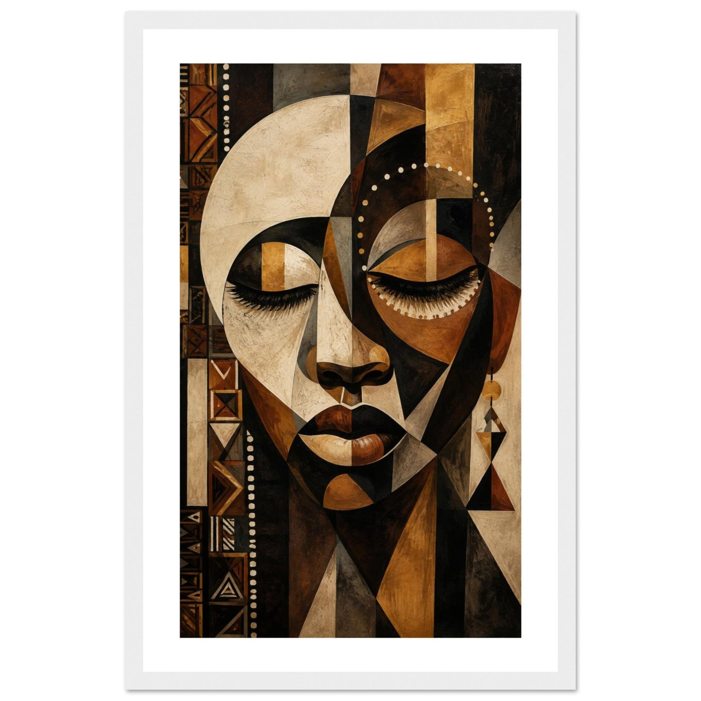 Framed wall art featuring a geometric, cubist-style portrait of a woman in warm earth tones, shown against a plain white background.