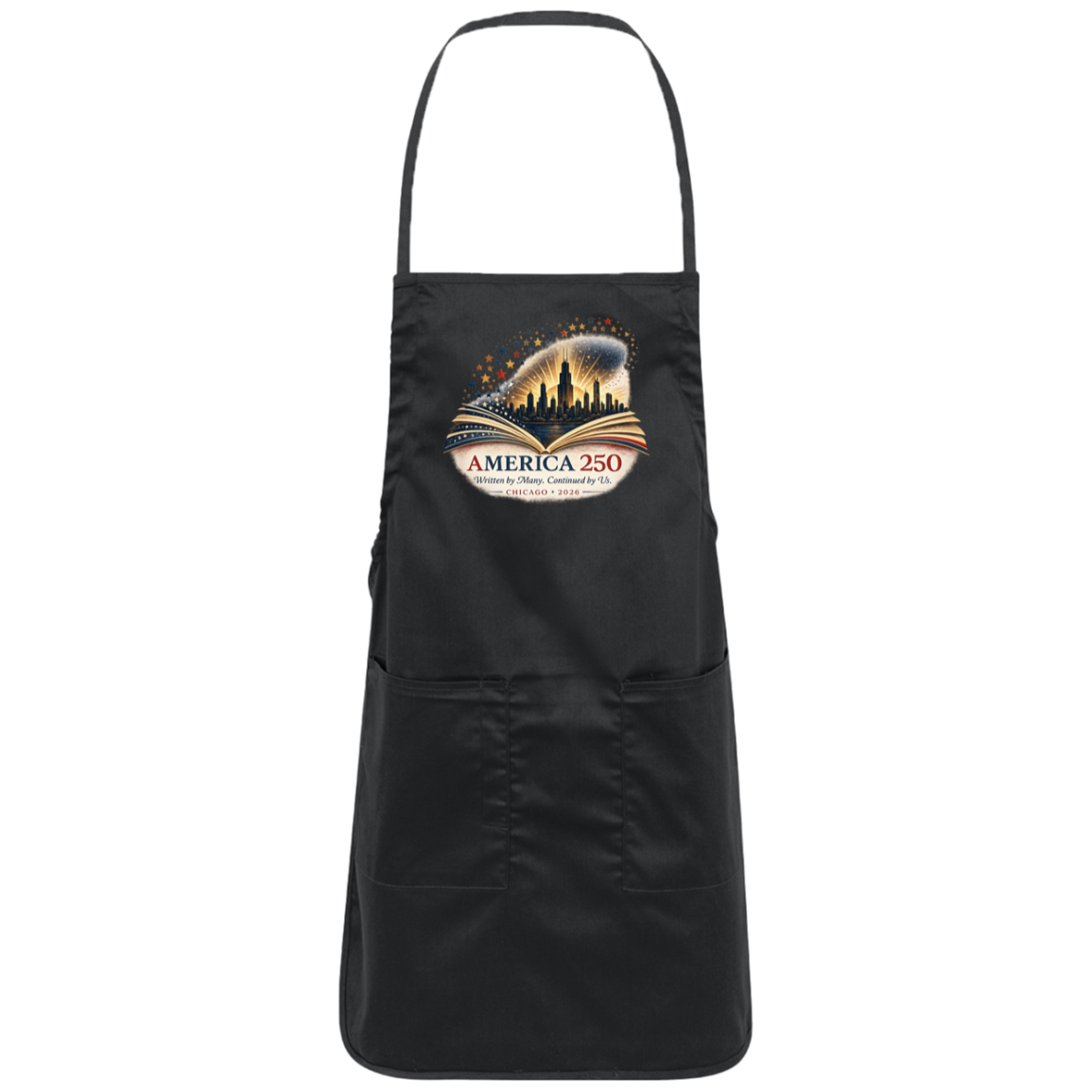 Black commemorative America 250 Anniversary Collection Apron featuring a Chicago Skyline with storybook design surrounded by stars and illuminated by a radiant golden glow