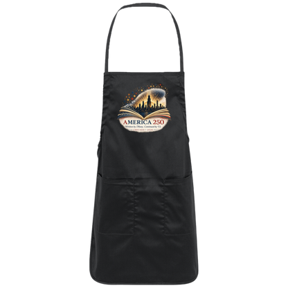 Black commemorative America 250 Anniversary Collection Apron featuring a Chicago Skyline with storybook design surrounded by stars and illuminated by a radiant golden glow