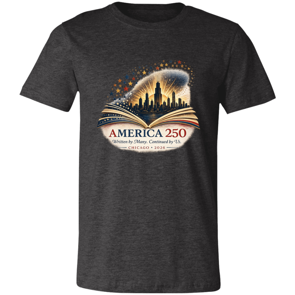 Dark Grey Heather commemorative America 250 Anniversary Collection featuring a Chicago Skyline with storybook design surrounded by stars and illuminated by a radiant golden glow