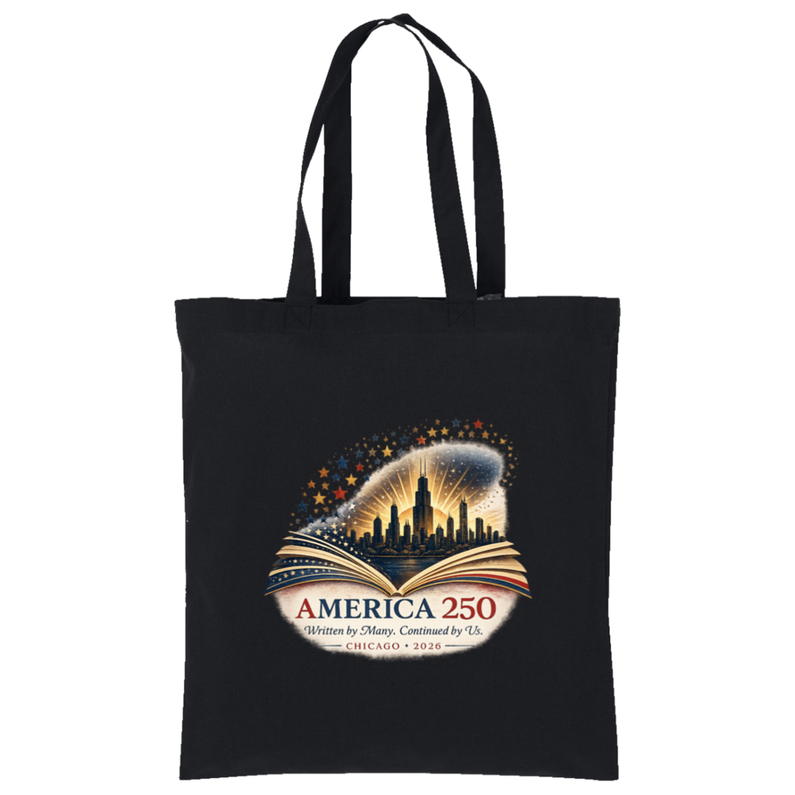Deep Black commemorative America 250 Anniversary Collection Tote Bag featuring a Chicago Skyline with storybook design surrounded by stars and illuminated by a radiant golden glow