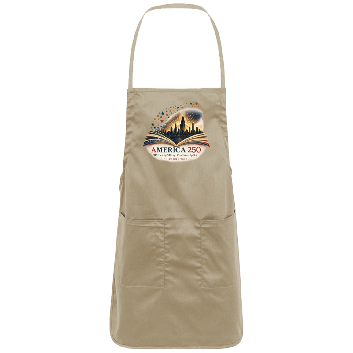 Khaki commemorative America 250 Anniversary Collection Apron featuring a Chicago Skyline with storybook design surrounded by stars and illuminated by a radiant golden glow