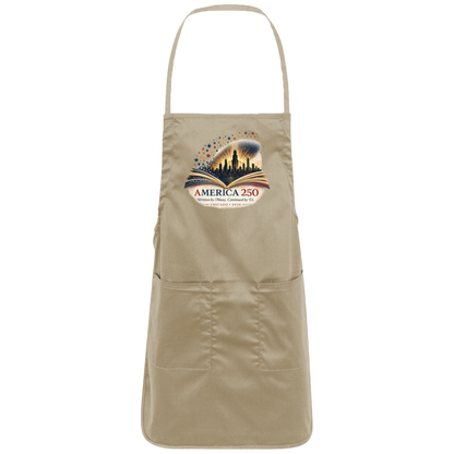 Khaki commemorative America 250 Anniversary Collection Apron featuring a Chicago Skyline with storybook design surrounded by stars and illuminated by a radiant golden glow