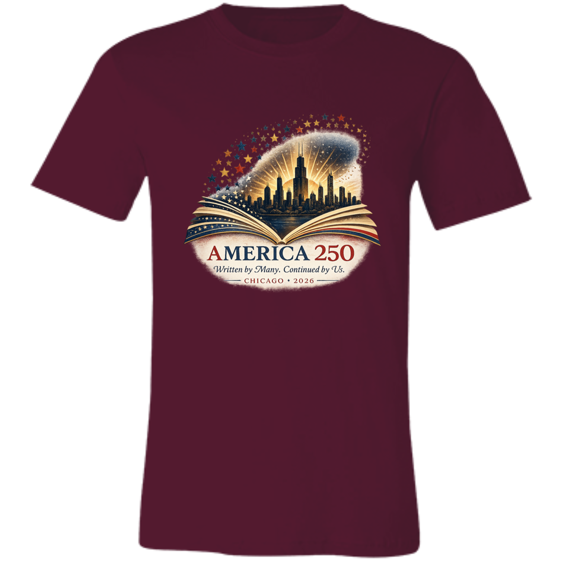 Maroon commemorative America 250 Anniversary Collection featuring a Chicago Skyline with storybook design surrounded by stars and illuminated by a radiant golden glow