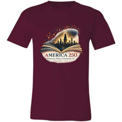 Maroon commemorative America 250 Anniversary Collection featuring a Chicago Skyline with storybook design surrounded by stars and illuminated by a radiant golden glow