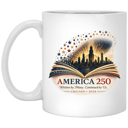 White  commemorative America 250 Anniversary Collection Mug featuring a Chicago Skyline with storybook design surrounded by stars and illuminated by a radiant golden glow
