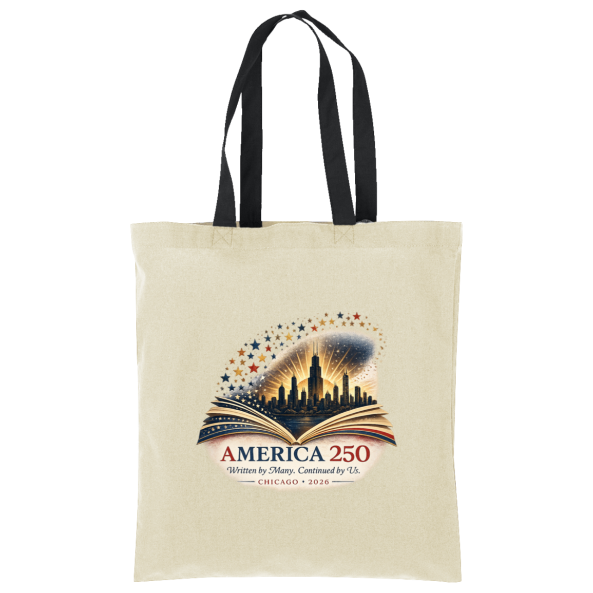 Natural/Deep Black commemorative America 250 Anniversary Collection Tote Bag featuring a Chicago Skyline with storybook design surrounded by stars and illuminated by a radiant golden glow