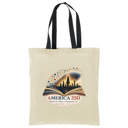 Natural/Deep Black commemorative America 250 Anniversary Collection Tote Bag featuring a Chicago Skyline with storybook design surrounded by stars and illuminated by a radiant golden glow