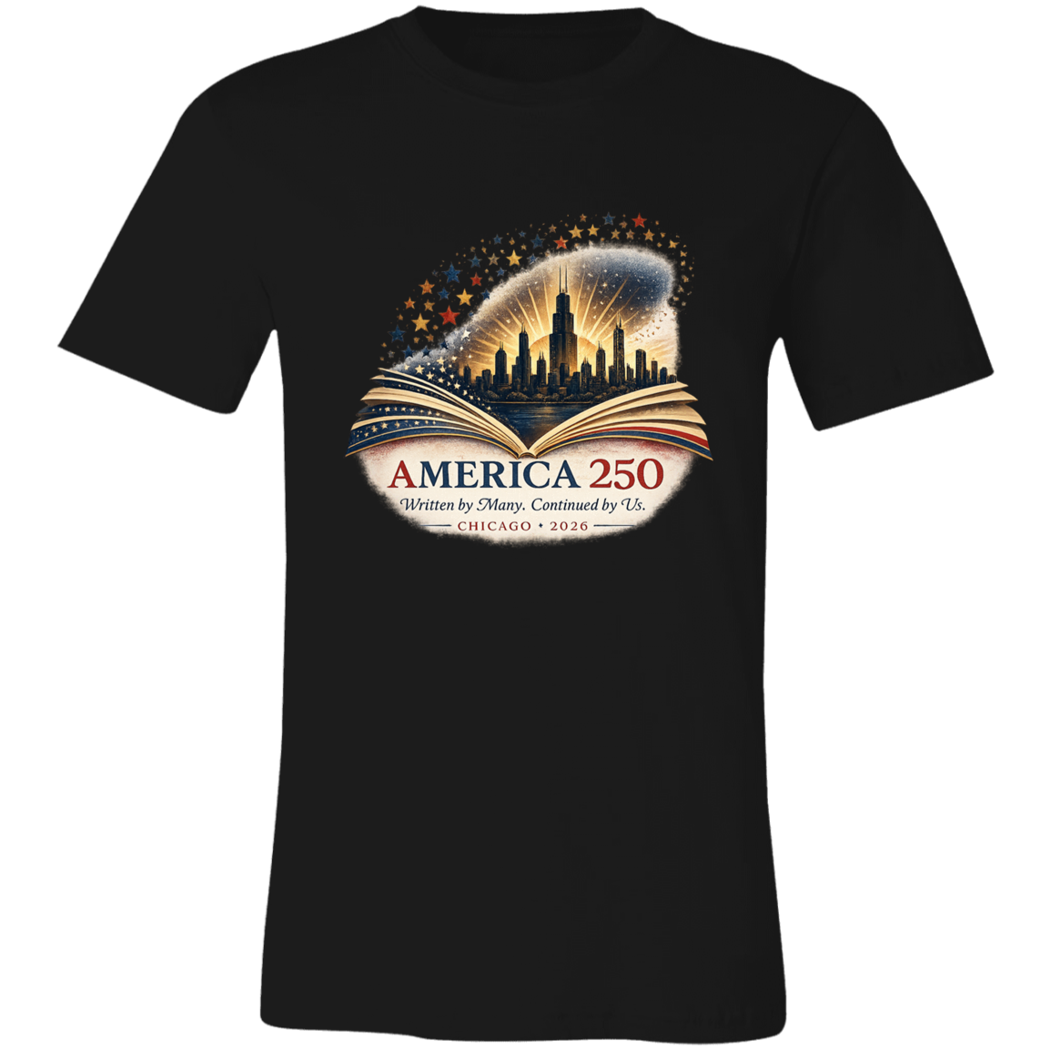 Vintage Black commemorative America 250 Anniversary Collection featuring a Chicago Skyline with storybook design surrounded by stars and illuminated by a radiant golden glow