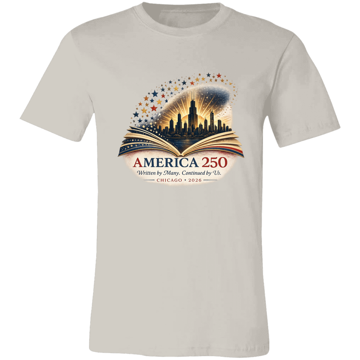 Vintage White commemorative America 250 Anniversary Collection featuring a Chicago Skyline with storybook design surrounded by stars and illuminated by a radiant golden glow