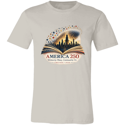Vintage White commemorative America 250 Anniversary Collection featuring a Chicago Skyline with storybook design surrounded by stars and illuminated by a radiant golden glow