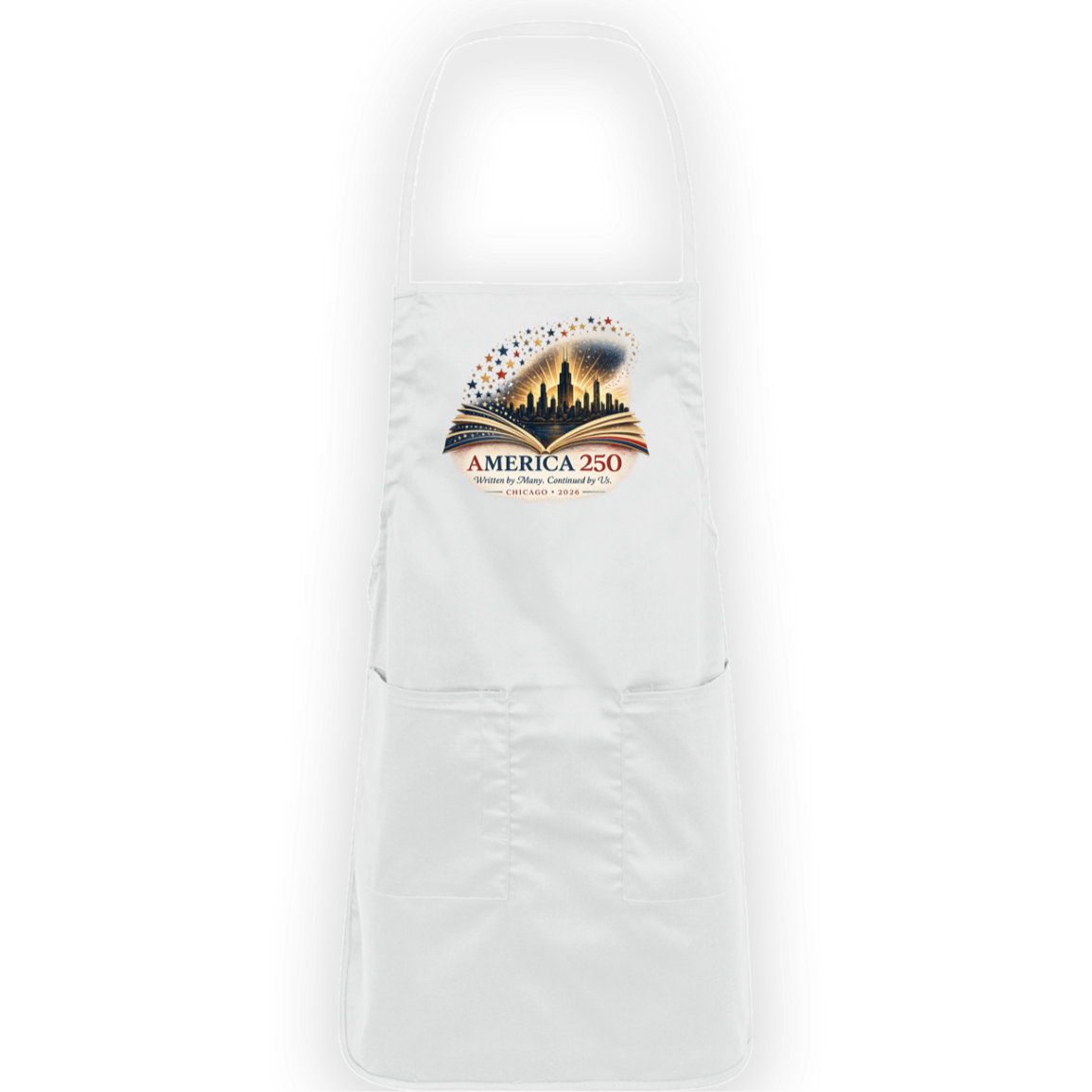 White commemorative America 250 Anniversary Collection Apron featuring a Chicago Skyline with storybook design surrounded by stars and illuminated by a radiant golden glow