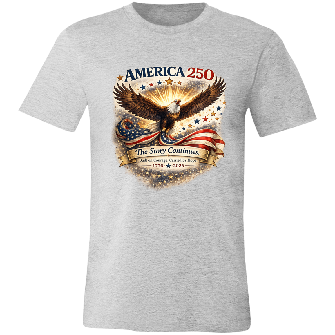 Athletic Heather commemorative America 250 Anniversary Collection featuring a majestic bald eagle soaring above a flowing American flag surrounded by stars and illuminated by a radiant golden glow