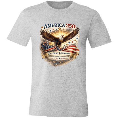 Athletic Heather commemorative America 250 Anniversary Collection featuring a majestic bald eagle soaring above a flowing American flag surrounded by stars and illuminated by a radiant golden glow