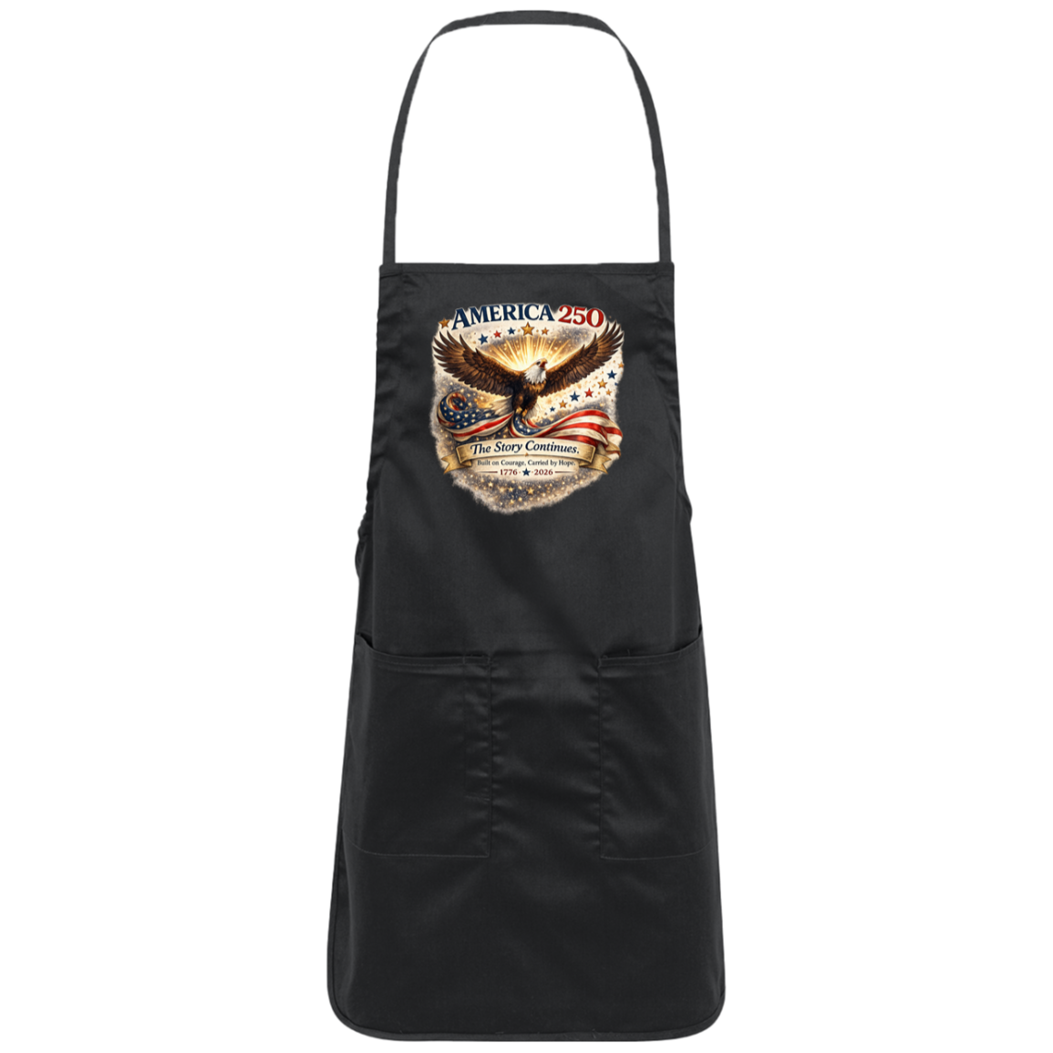 Black commemorative America 250 Anniversary Collection Apron featuring a majestic bald eagle soaring above a flowing American flag surrounded by stars and illuminated by a radiant golden glow