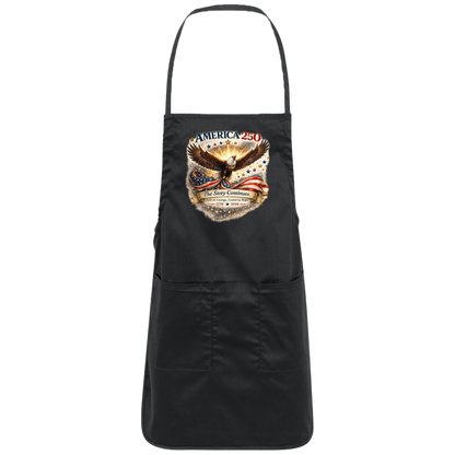 Black commemorative America 250 Anniversary Collection Apron featuring a majestic bald eagle soaring above a flowing American flag surrounded by stars and illuminated by a radiant golden glow