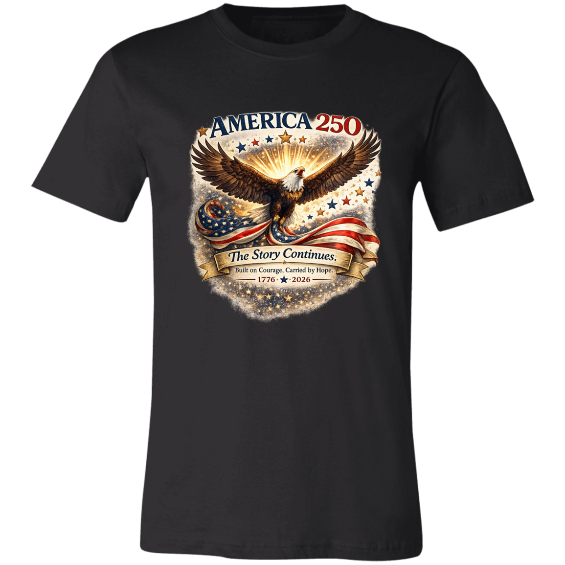 Black commemorative America 250 Anniversary Collection featuring a majestic bald eagle soaring above a flowing American flag surrounded by stars and illuminated by a radiant golden glow