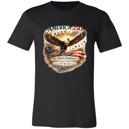 Black commemorative America 250 Anniversary Collection featuring a majestic bald eagle soaring above a flowing American flag surrounded by stars and illuminated by a radiant golden glow