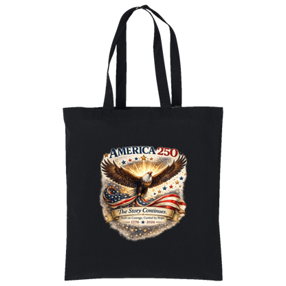 Deep Black commemorative America 250 Anniversary Collection Tote Bag featuring a majestic bald eagle soaring above a flowing American flag surrounded by stars and illuminated by a radiant golden glow