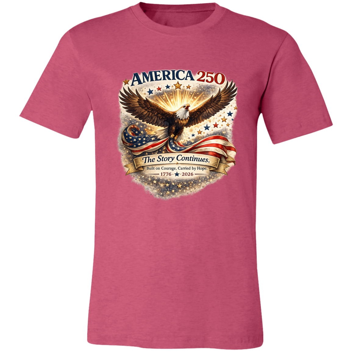 Heather Raspberry commemorative America 250 Anniversary Collection featuring a majestic bald eagle soaring above a flowing American flag surrounded by stars and illuminated by a radiant golden glow