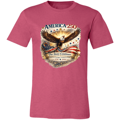 Heather Raspberry commemorative America 250 Anniversary Collection featuring a majestic bald eagle soaring above a flowing American flag surrounded by stars and illuminated by a radiant golden glow