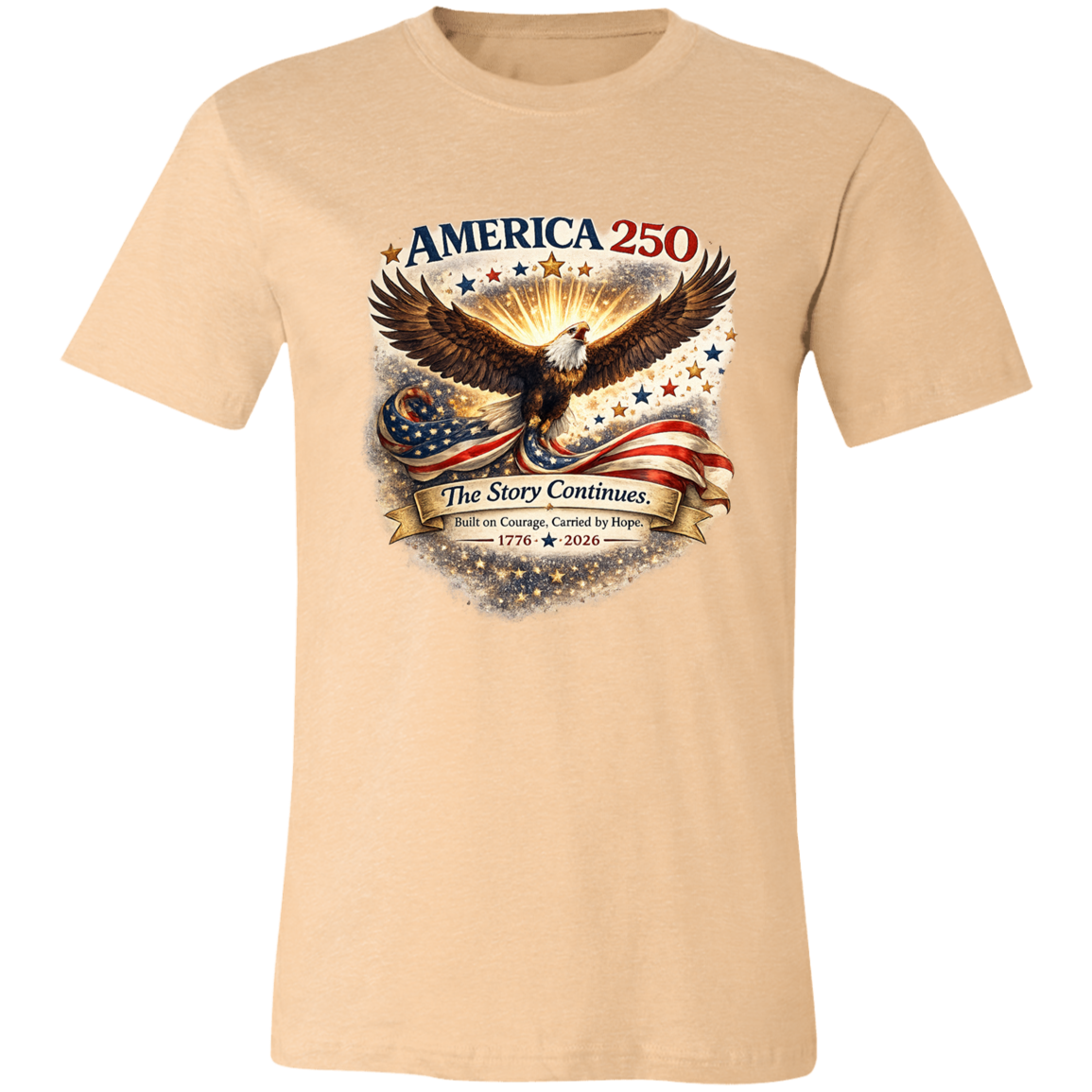 Heather Sand Dune commemorative America 250 Anniversary Collection featuring a majestic bald eagle soaring above a flowing American flag surrounded by stars and illuminated by a radiant golden glow