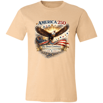 Heather Sand Dune commemorative America 250 Anniversary Collection featuring a majestic bald eagle soaring above a flowing American flag surrounded by stars and illuminated by a radiant golden glow