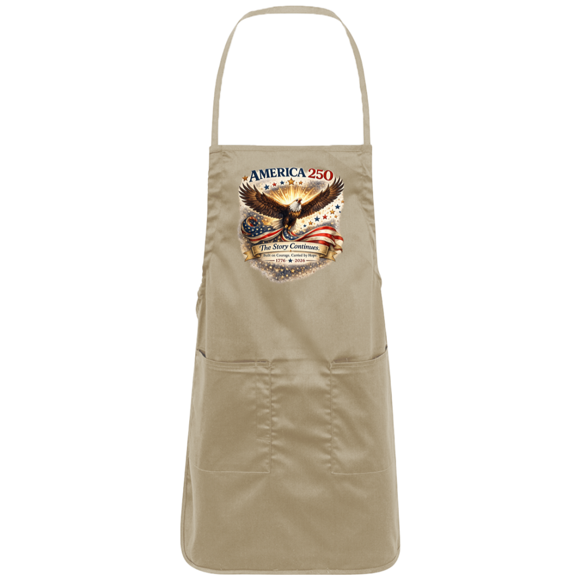 Khaki commemorative America 250 Anniversary Collection Apron featuring a majestic bald eagle soaring above a flowing American flag surrounded by stars and illuminated by a radiant golden glow