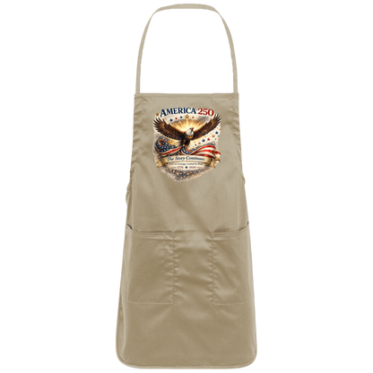 Khaki commemorative America 250 Anniversary Collection Apron featuring a majestic bald eagle soaring above a flowing American flag surrounded by stars and illuminated by a radiant golden glow
