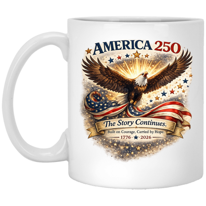 White commemorative America 250 Anniversary Collection Mug featuring a majestic bald eagle soaring above a flowing American flag surrounded by stars and illuminated by a radiant golden glow