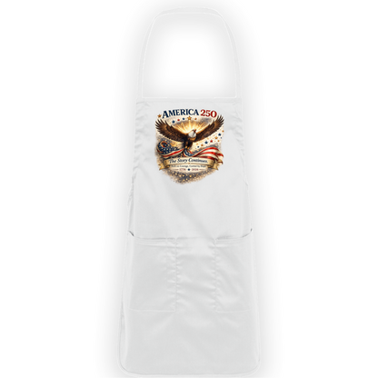 White commemorative America 250 Anniversary Collection Apron featuring a majestic bald eagle soaring above a flowing American flag surrounded by stars and illuminated by a radiant golden glow