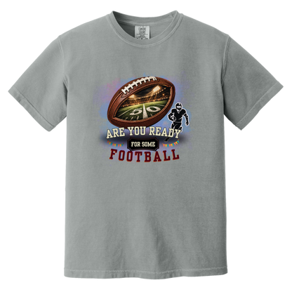 Granite bold football-themed graphic featuring a textured brown football with a glowing nighttime stadium and 50-yard line visible inside, a football player silhouette, watercolor background, and the words “ARE YOU READY FOR SOME FOOTBALL” in cream, black, and burgundy collegiate-style lettering.