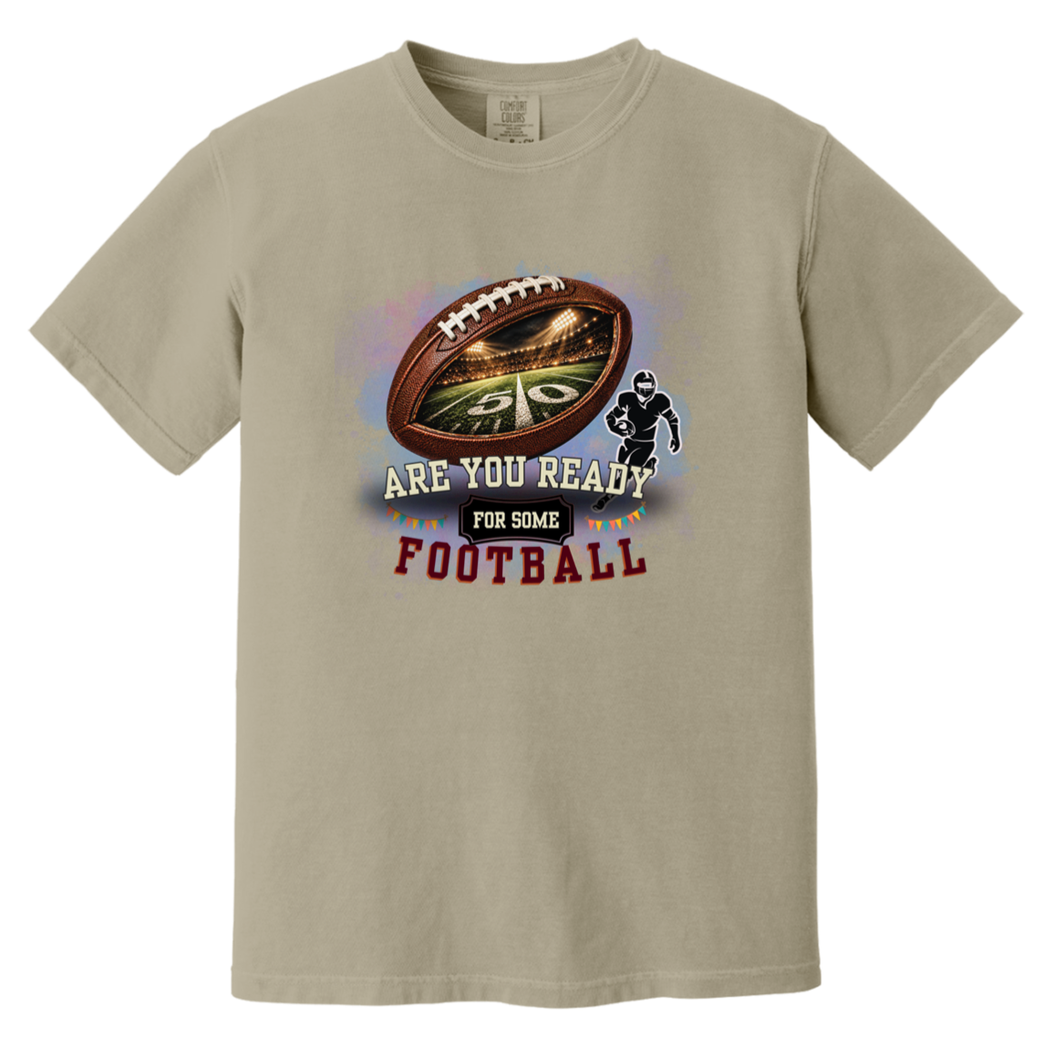 Sandstone bold football-themed graphic featuring a textured brown football with a glowing nighttime stadium and 50-yard line visible inside, a football player silhouette, watercolor background, and the words “ARE YOU READY FOR SOME FOOTBALL” in cream, black, and burgundy collegiate-style lettering.