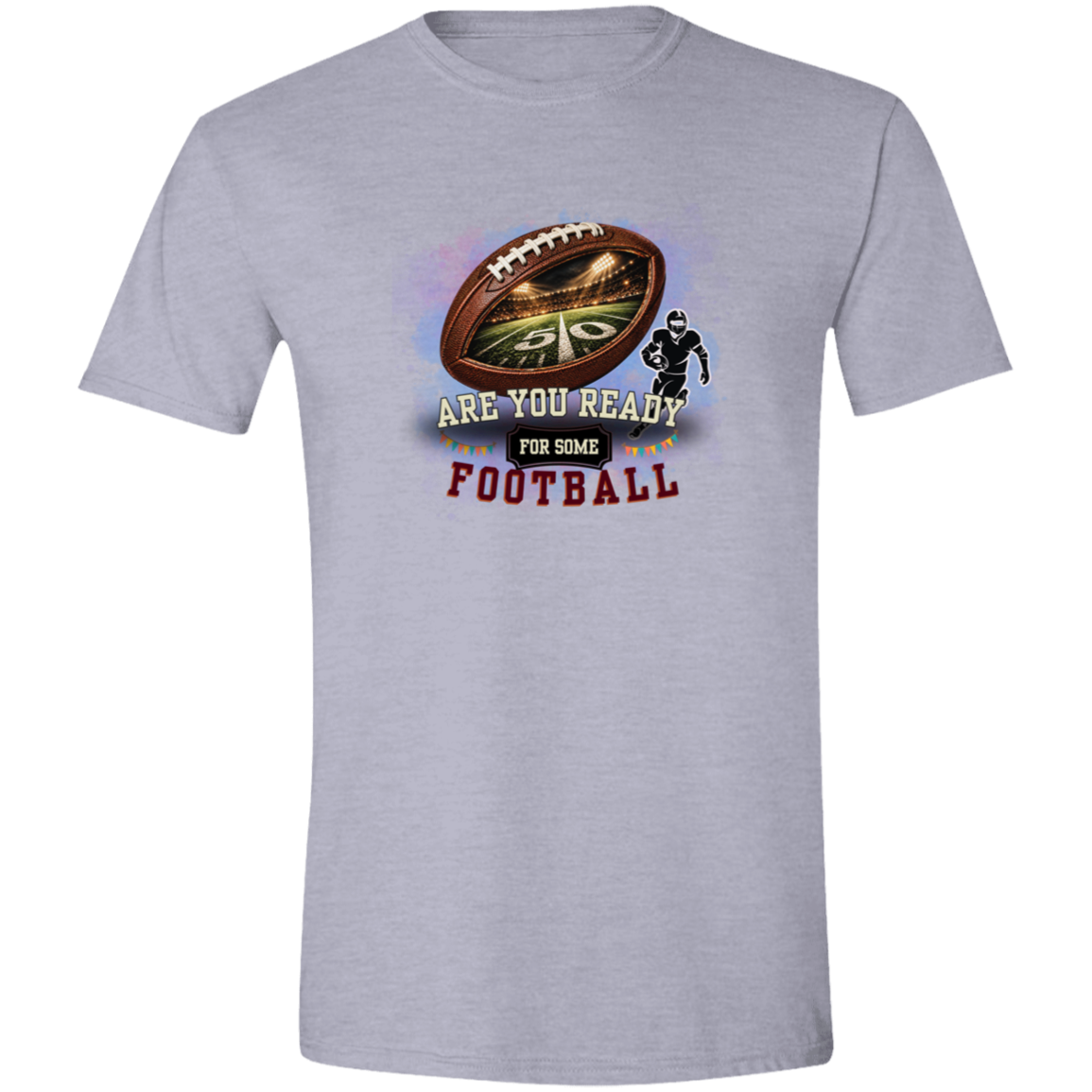 Sport Grey bold football-themed graphic featuring a textured brown football with a glowing nighttime stadium and 50-yard line visible inside, a football player silhouette, watercolor background, and the words “ARE YOU READY FOR SOME FOOTBALL” in cream, black, and burgundy collegiate-style lettering.