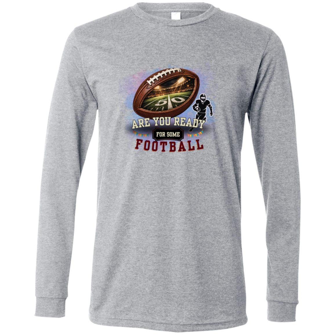 Bold football-themed graphic in Athletic Heather featuring a textured brown football with a glowing nighttime stadium and 50-yard line visible inside, a football player silhouette, watercolor background, and the words “ARE YOU READY FOR SOME FOOTBALL” in cream, black, and burgundy collegiate-style lettering.