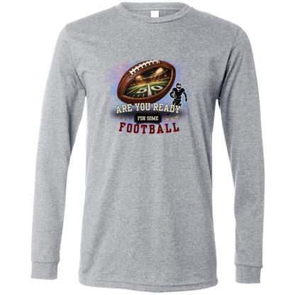 Bold football-themed graphic in Athletic Heather featuring a textured brown football with a glowing nighttime stadium and 50-yard line visible inside, a football player silhouette, watercolor background, and the words “ARE YOU READY FOR SOME FOOTBALL” in cream, black, and burgundy collegiate-style lettering.