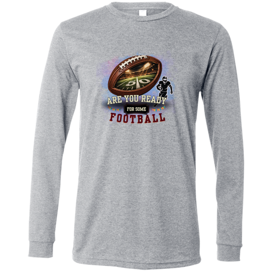 Bold football-themed graphic in Athletic Heather featuring a textured brown football with a glowing nighttime stadium and 50-yard line visible inside, a football player silhouette, watercolor background, and the words “ARE YOU READY FOR SOME FOOTBALL” in cream, black, and burgundy collegiate-style lettering.