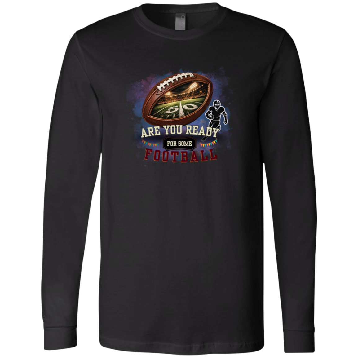 Bold football-themed graphic in Black featuring a textured brown football with a glowing nighttime stadium and 50-yard line visible inside, a football player silhouette, watercolor background, and the words “ARE YOU READY FOR SOME FOOTBALL” in cream, black, and burgundy collegiate-style lettering.