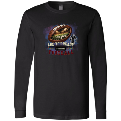Bold football-themed graphic in Black featuring a textured brown football with a glowing nighttime stadium and 50-yard line visible inside, a football player silhouette, watercolor background, and the words “ARE YOU READY FOR SOME FOOTBALL” in cream, black, and burgundy collegiate-style lettering.