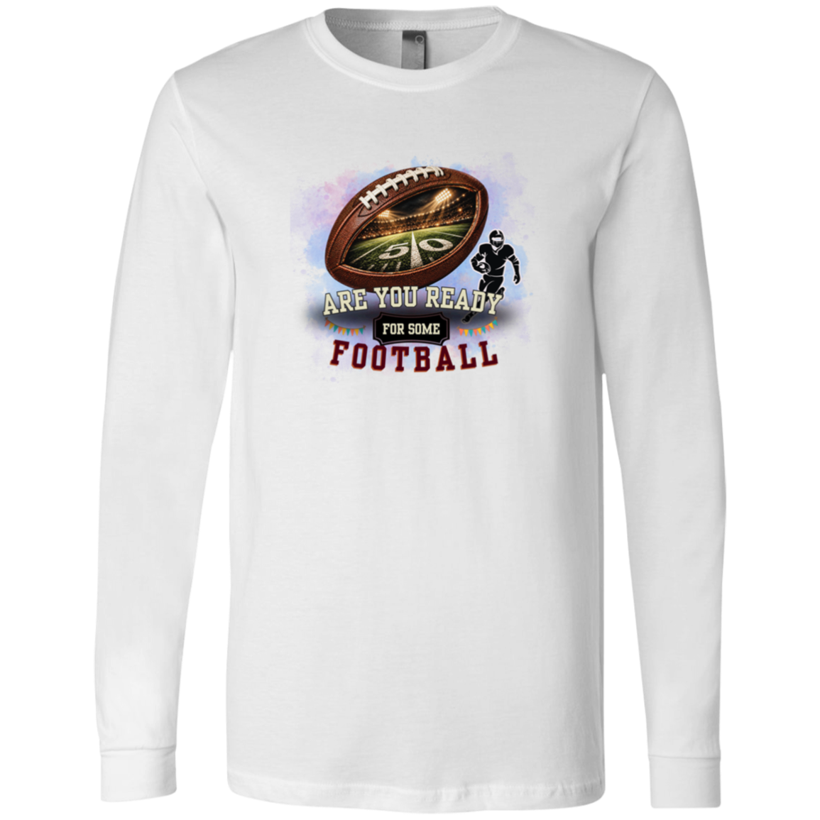 Bold football-themed graphic in White featuring a textured brown football with a glowing nighttime stadium and 50-yard line visible inside, a football player silhouette, watercolor background, and the words “ARE YOU READY FOR SOME FOOTBALL” in cream, black, and burgundy collegiate-style lettering.