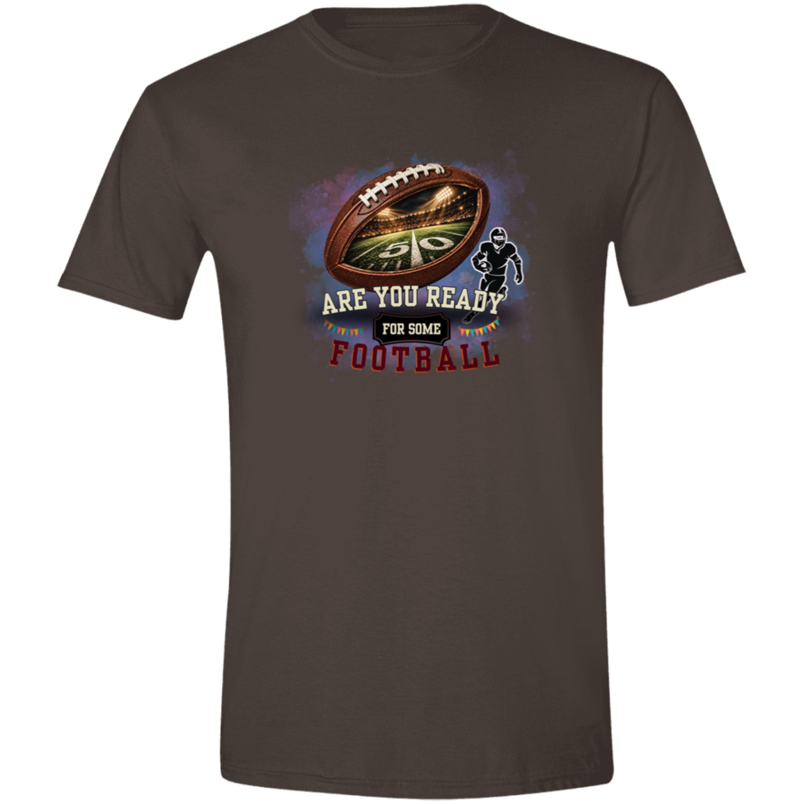 Bold football-themed graphic in Dark Chocolate featuring a textured brown football with a glowing nighttime stadium and 50-yard line visible inside, a football player silhouette, watercolor background, and the words “ARE YOU READY FOR SOME FOOTBALL” in cream, black, and burgundy collegiate-style lettering.