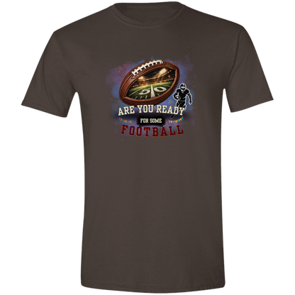 Bold football-themed graphic in Dark Chocolate featuring a textured brown football with a glowing nighttime stadium and 50-yard line visible inside, a football player silhouette, watercolor background, and the words “ARE YOU READY FOR SOME FOOTBALL” in cream, black, and burgundy collegiate-style lettering.