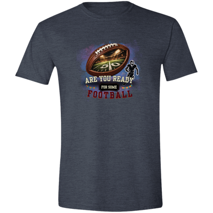 Bold football-themed graphic in Heather Navy featuring a textured brown football with a glowing nighttime stadium and 50-yard line visible inside, a football player silhouette, watercolor background, and the words “ARE YOU READY FOR SOME FOOTBALL” in cream, black, and burgundy collegiate-style lettering.