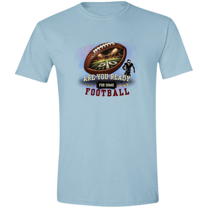 Bold football-themed graphic in Light Blue featuring a textured brown football with a glowing nighttime stadium and 50-yard line visible inside, a football player silhouette, watercolor background, and the words “ARE YOU READY FOR SOME FOOTBALL” in cream, black, and burgundy collegiate-style lettering.