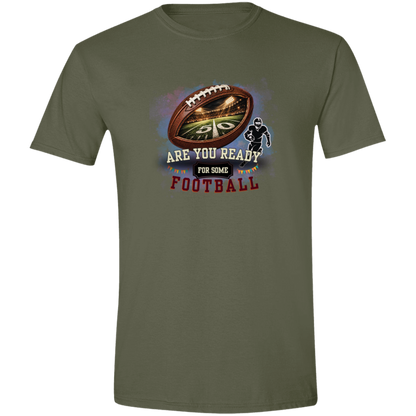 Bold football-themed graphic in Military Green featuring a textured brown football with a glowing nighttime stadium and 50-yard line visible inside, a football player silhouette, watercolor background, and the words “ARE YOU READY FOR SOME FOOTBALL” in cream, black, and burgundy collegiate-style lettering.