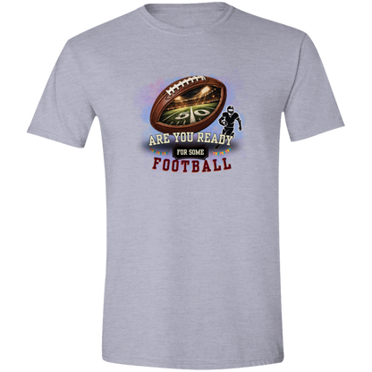 Bold football-themed graphic in Sport Grey featuring a textured brown football with a glowing nighttime stadium and 50-yard line visible inside, a football player silhouette, watercolor background, and the words “ARE YOU READY FOR SOME FOOTBALL” in cream, black, and burgundy collegiate-style lettering.