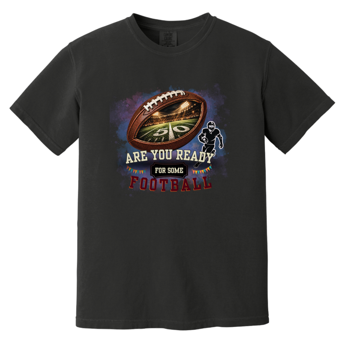 Bold football-themed graphic in Black featuring a textured brown football with a glowing nighttime stadium and 50-yard line visible inside, a football player silhouette, watercolor background, and the words “ARE YOU READY FOR SOME FOOTBALL” in cream, black, and burgundy collegiate-style lettering.