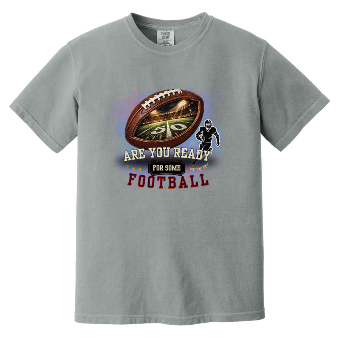 Bold football-themed graphic in Granite featuring a textured brown football with a glowing nighttime stadium and 50-yard line visible inside, a football player silhouette, watercolor background, and the words “ARE YOU READY FOR SOME FOOTBALL” in cream, black, and burgundy collegiate-style lettering.